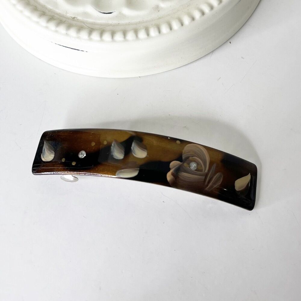 Vintage 90s Y2K Acrylic French Barrette Metal Clasp Painted‎ Flower Rhinestone